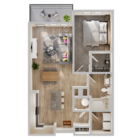 Floor plan for 1 bed, 1 bath, 785 sqft